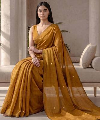 Mustard sequinned  cotton designer khadi saree 1