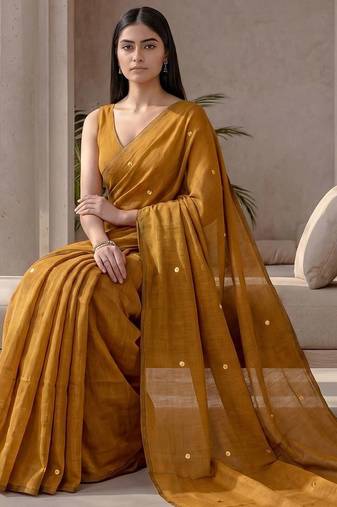 Mustard sequinned  cotton designer khadi saree