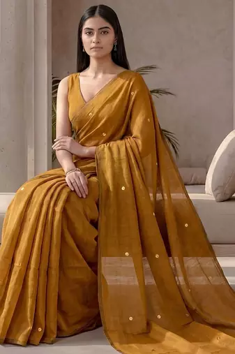 Mustard sequinned  cotton designer khadi saree