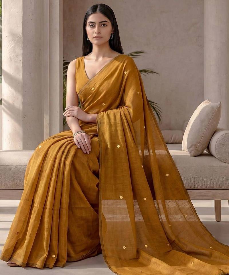 Mustard sequinned  cotton designer khadi saree
