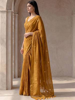 Mustard sequinned  cotton designer khadi saree 2