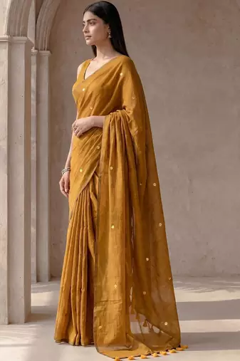 Mustard sequinned  cotton designer khadi saree