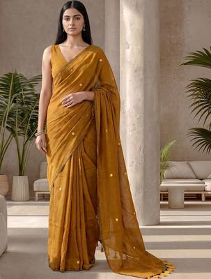Mustard sequinned  cotton designer khadi saree 3