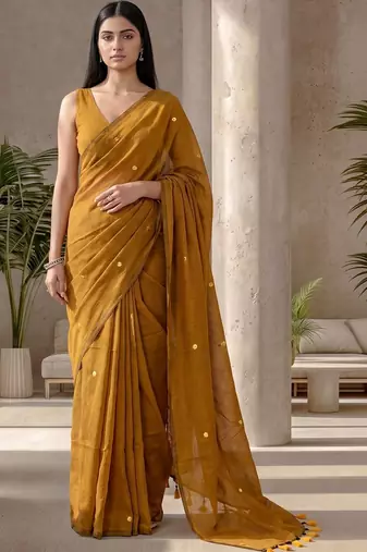 Mustard sequinned  cotton designer khadi saree