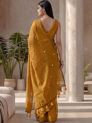 Mustard sequinned  cotton designer khadi saree 4