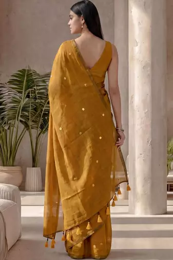 Mustard sequinned  cotton designer khadi saree