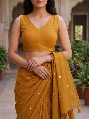 Mustard sequinned  cotton designer khadi saree 5