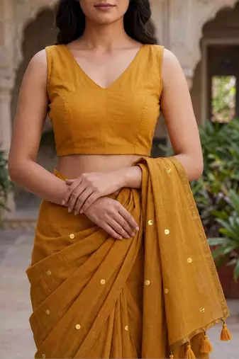 Mustard sequinned  cotton designer khadi saree
