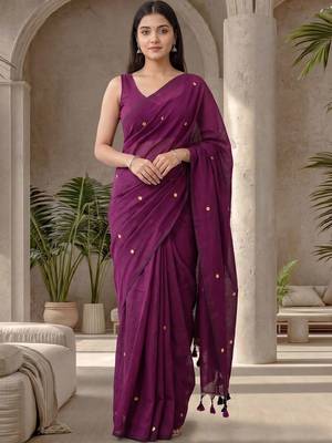 Violet embellished sequinned  cotton designer khadi saree 1