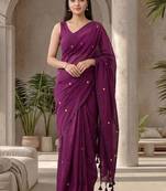 Violet embellished sequinned  cotton designer khadi saree