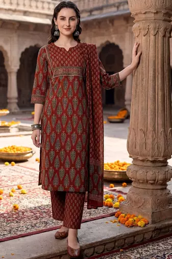 women ethnic motifs printed regular  cotton kurta with trousers & with dupatta