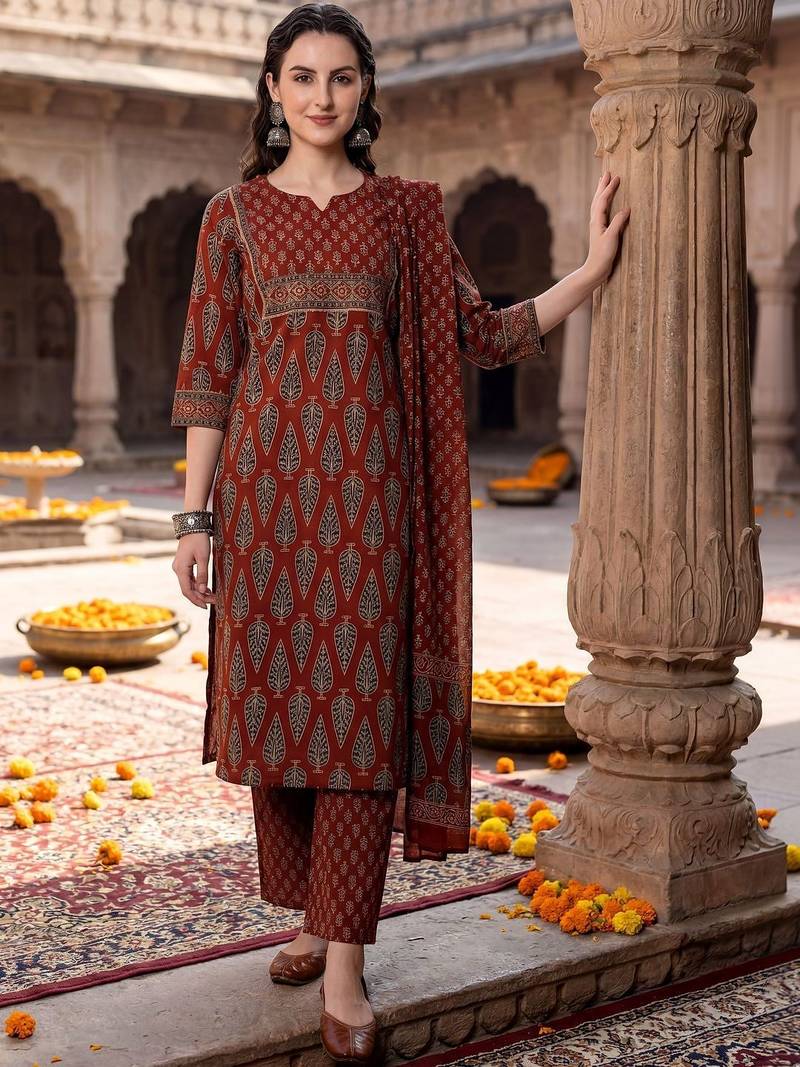 women ethnic motifs printed regular  cotton kurta with trousers & with dupatta