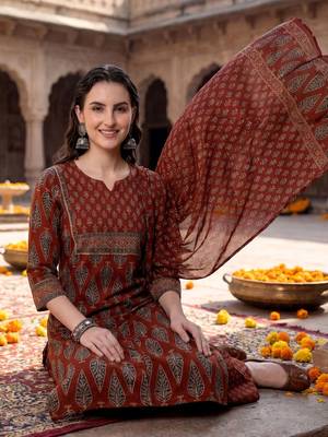 women ethnic motifs printed regular  cotton kurta with trousers & with dupatta 4