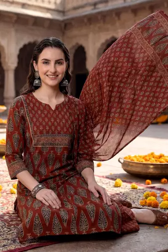 women ethnic motifs printed regular  cotton kurta with trousers & with dupatta