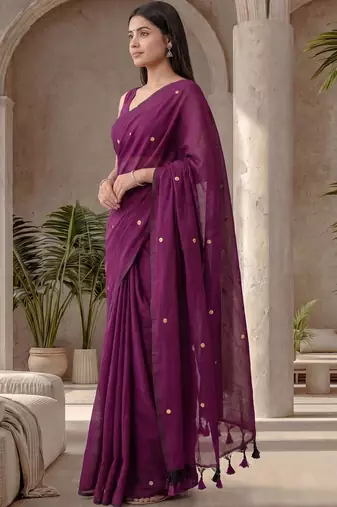 Violet embellished sequinned  cotton designer khadi saree