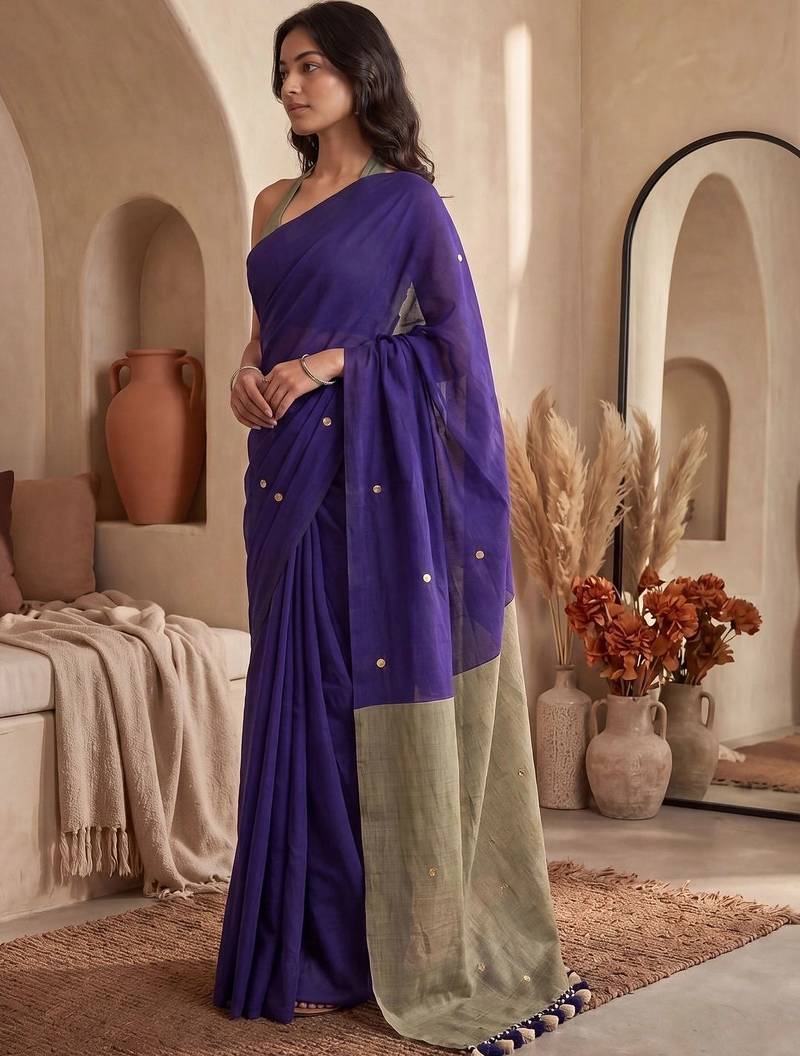 Purple embellished sequinned  cotton designer khadi saree