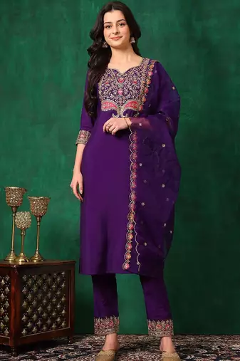 women ethnic motifs embroidered kurta with trousers & dupatta