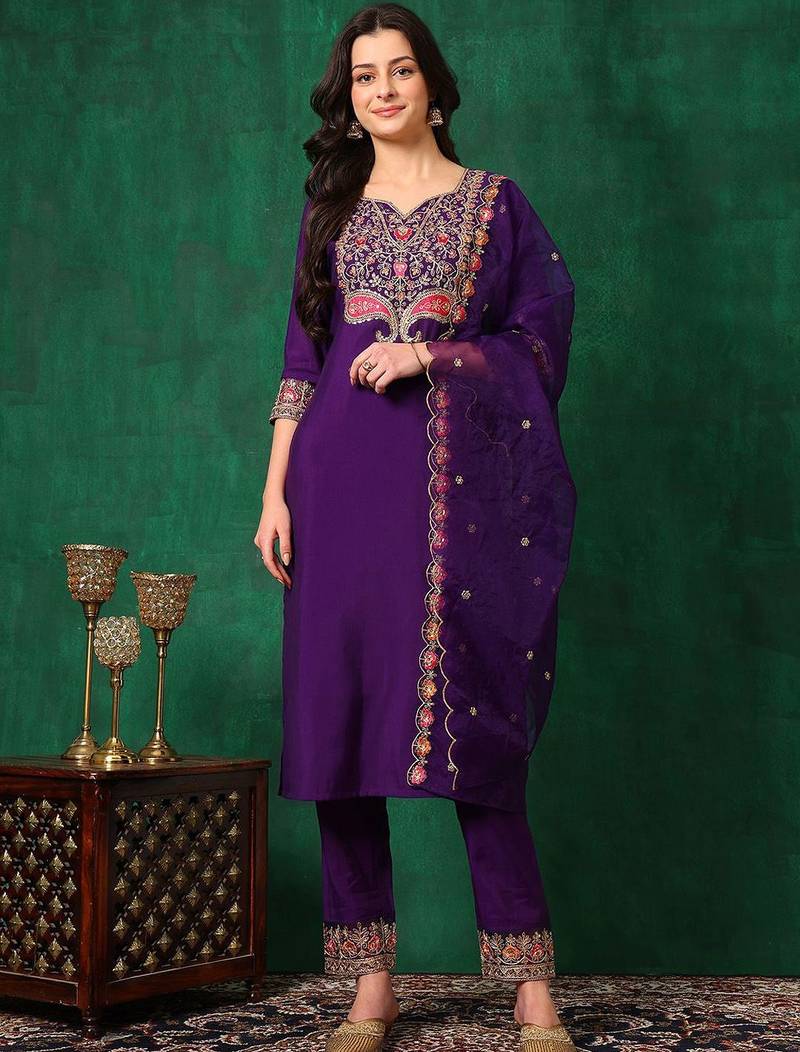 women ethnic motifs embroidered kurta with trousers & dupatta