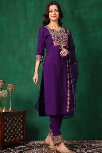 women ethnic motifs embroidered kurta with trousers & dupatta