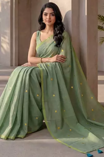 Sea green embellished sequinned  cotton designer khadi saree
