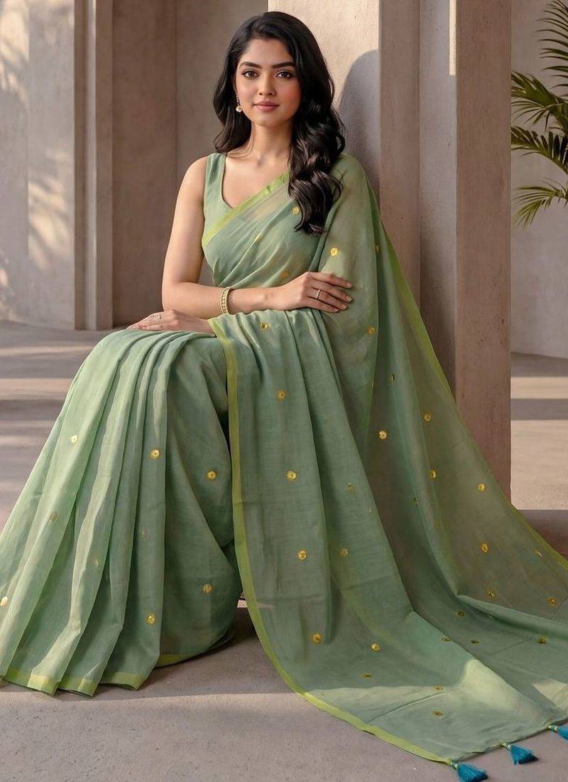 Sea green embellished sequinned  cotton designer khadi saree