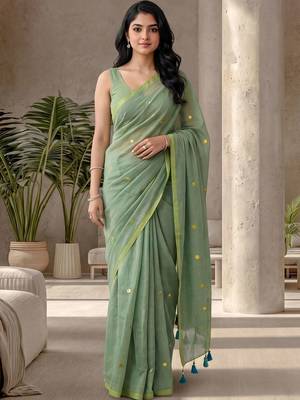 Sea green embellished sequinned  cotton designer khadi saree 2