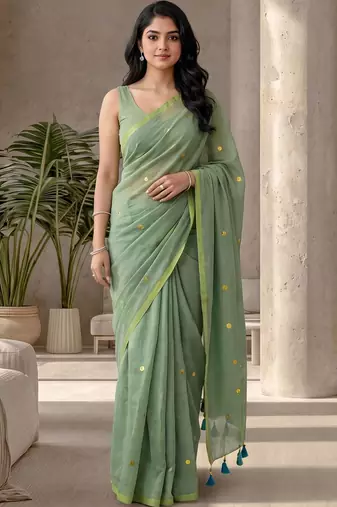 Sea green embellished sequinned  cotton designer khadi saree