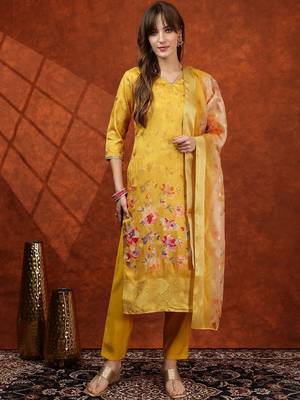 floral printed v-neck straight kurta with trousers & dupatta 1