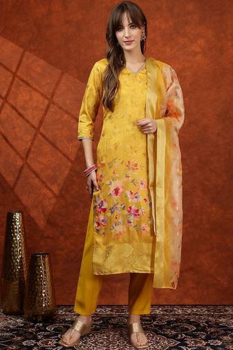 floral printed v-neck straight kurta with trousers & dupatta