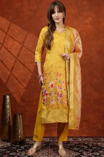 floral printed v-neck straight kurta with trousers & dupatta