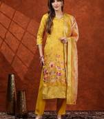 floral printed v-neck straight kurta with trousers & dupatta
