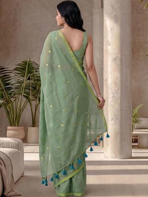 Sea green embellished sequinned  cotton designer khadi saree 3