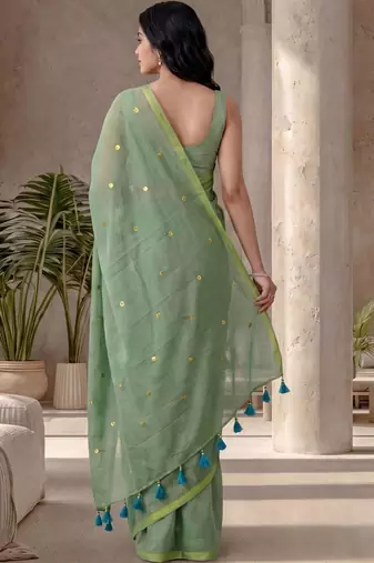 Sea green embellished sequinned  cotton designer khadi saree