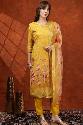floral printed v-neck straight kurta with trousers & dupatta