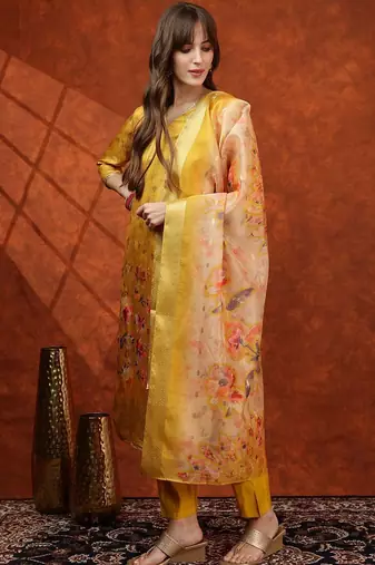 floral printed v-neck straight kurta with trousers & dupatta