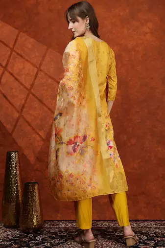 floral printed v-neck straight kurta with trousers & dupatta