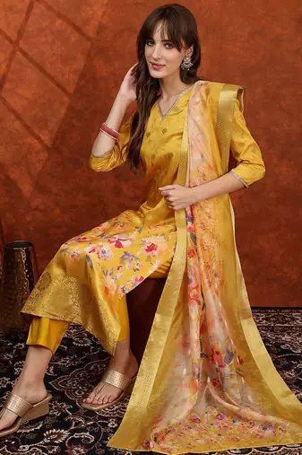 floral printed v-neck straight kurta with trousers & dupatta