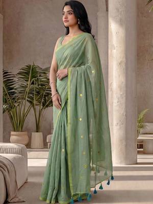 Sea green embellished sequinned  cotton designer khadi saree 4