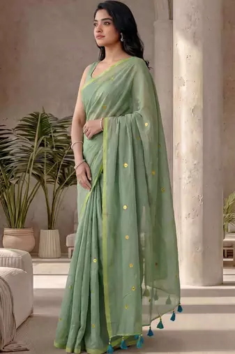 Sea green embellished sequinned  cotton designer khadi saree