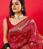 Red bandhani woven design zari border saree