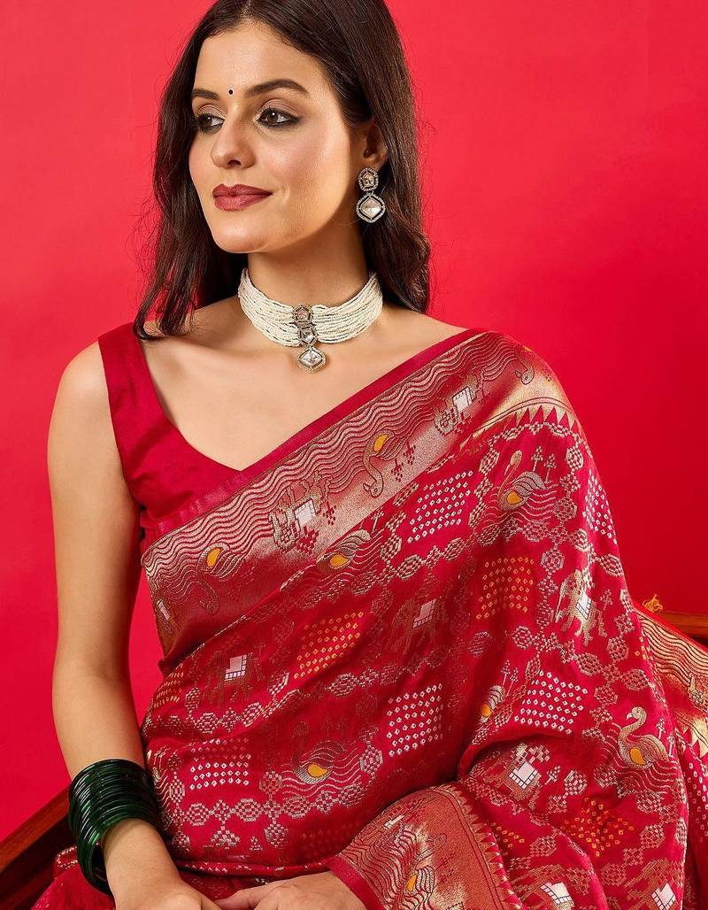Red bandhani woven design zari border saree