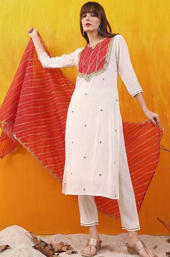 women embroidered kurta with trousers & dupatta
