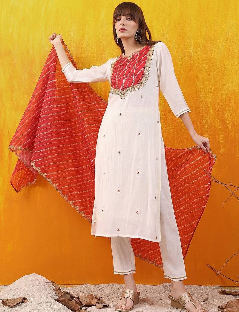 women embroidered kurta with trousers & dupatta
