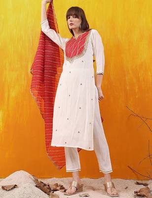 women embroidered kurta with trousers & dupatta 3