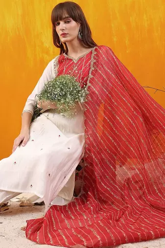 women embroidered kurta with trousers & dupatta
