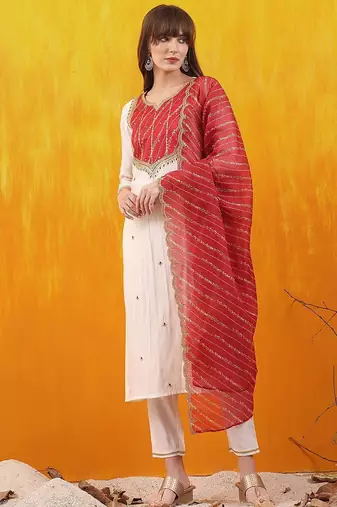 women embroidered kurta with trousers & dupatta