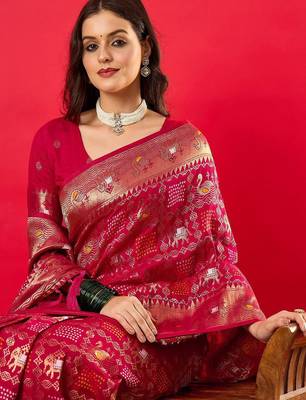 Pink ethnic motifs woven design zari detail saree 1