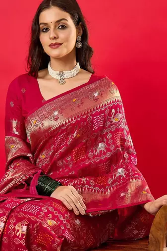 Pink ethnic motifs woven design zari detail saree