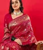 Pink ethnic motifs woven design zari detail saree