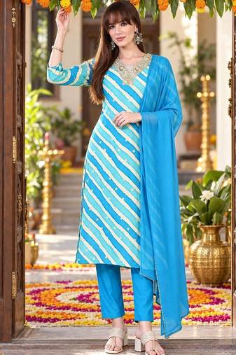 printed v-neck sequinned chanderi cotton kurta with trousers & dupatta